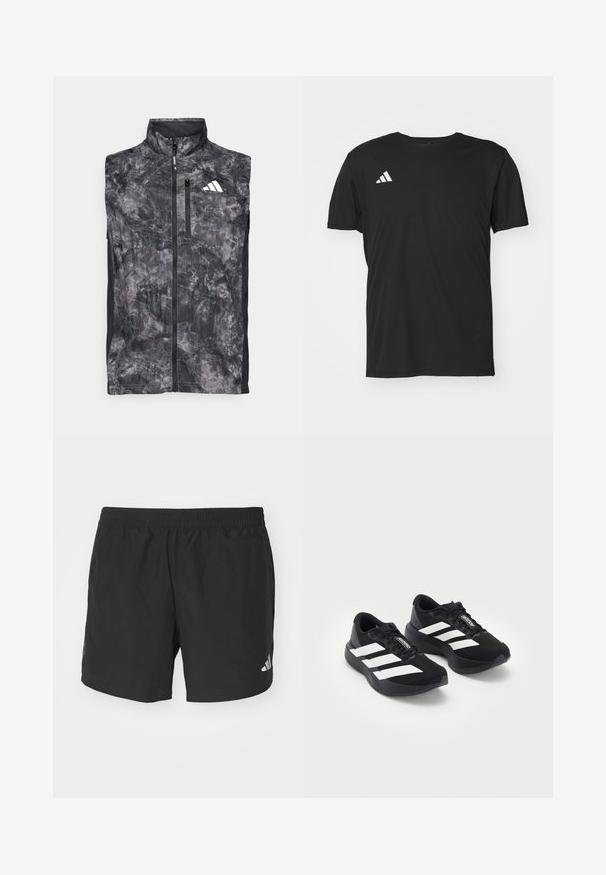 Bezrokavni črno-sivi tekaški jopič z marbled vzorcem, s sprednjim zadrgo, žepom na prsih z zadrgo in belim logotipom na zgornjem levem prsnem delu.; Črna športna majica iz lahkega materiala, z kratkimi rokavi in okroglim izrezom. Bele Adidas logotip na zgornji levi strani.; Črne atletske kratke hlače z elastičnim pasom, stranskimi razporki in odsevnimi logotipnimi poudarki. Narejene so iz lahkotnega, gladkega materiala.; Par ravni črni tekaški čevlji Adidas Adizero z belimi črtami in vezalkami na beli podlagi, postavljeni drug poleg drugega.