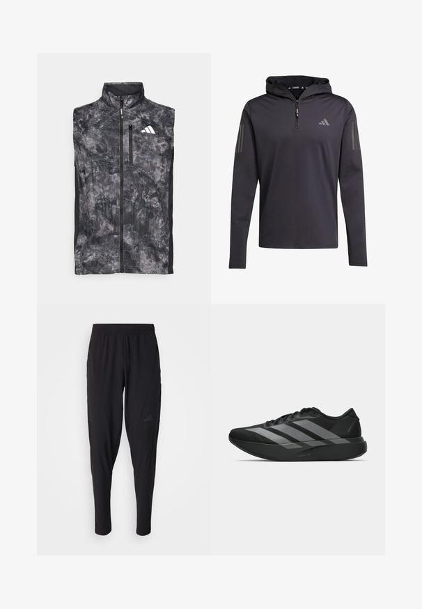 Bezrokavni črno-sivi tekaški jopič z marbled vzorcem, s sprednjim zadrgo, žepom na prsih z zadrgo in belim logotipom na zgornjem levem prsnem delu.; Črna kapuca dolg rokav majica s pol zadrgo, narejena iz lahkega blaga, z deljenimi tremi vertikalnimi sivo-belimi črtami na vsaki rokavi.; Črne športne hlače z elastiko v pasu, zožanega kroja, stranskimi žepi in diskretnim logotipom. Narejene iz fleksibilnega, zračnega materiala.; Crne atletske čevlje z lahkotno zasnovo, ki imajo tri izrazite sive črte, gladko teksturo in oblikovano podplat.