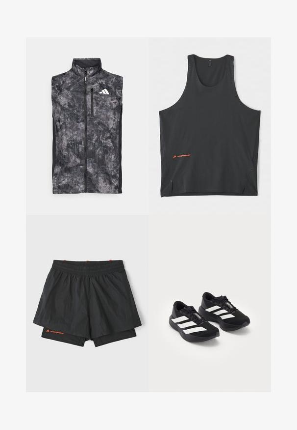 Juoksuvesti ilman hihoja, musta ja harmaa marmorikuvio, jossa etuvetoketju, rintatasku vetoketjulla ja valkoinen logo vasemmassa yläosassa.; adidas Performance 365 HERMANOS KOUMORI SINGLET - Toppi - black; Mustat urheilushortsit, joissa on elastinen vyötärö, sisävuori ja rei'itetyt sivupaneelit. Alarajassa on oranssia brändäystä.; Mustat Adidas Adizero -juoksukengät valkoisilla raidoilla ja nauhoilla valkoista taustaa vasten, aseteltuna vierekkäin.