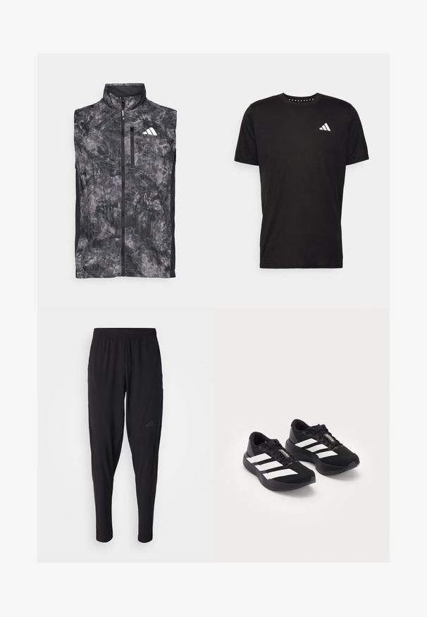 Chaleco de running sin mangas en negro y gris veteado, con cremallera en la parte frontal, bolsillo con cremallera en el pecho y logotipo blanco en la parte superior izquierda del pecho.; Camiseta de algodón negra con mangas cortas, cuello redondo y un logo blanco en el lado izquierdo del pecho. Textura suave y diseño sencillo.; Pantalones deportivos negros con cintura elástica, diseño ajustado, bolsillos laterales y un discreto detalle de logo. Fabricados con un material flexible y transpirable.; Un par de zapatillas de running Adidas Adizero negras con rayas y cordones blancos, sobre un fondo blanco, posicionadas una al lado de la otra.