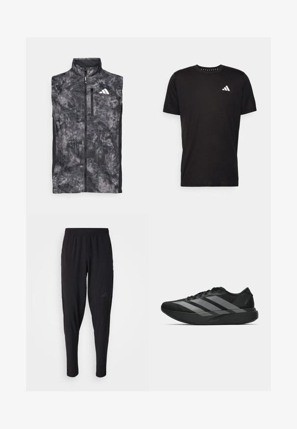 Ujj nélküli fekete és szürke márványozott futó trikó elülső cipzárral, mellkasi cipzáras zsebbel és fehér logóval a bal felső részen.; Fekete pamut póló rövid ujjal, kerek nyakkivágással, bal mellrészen fehér logóval. Sima textúra és egyszerű dizájn.; Fekete sportnadrág elasztikus derékpánttal, keskenyített fazonnal, oldalsó zsebekkel és diszkrét logóval. Rugalmas, légáteresztő anyagból készült.; Fekete sportcipők könnyű kialakítással, három kiemelkedő szürke csíkkal, sima textúrával és kontúros talppal.