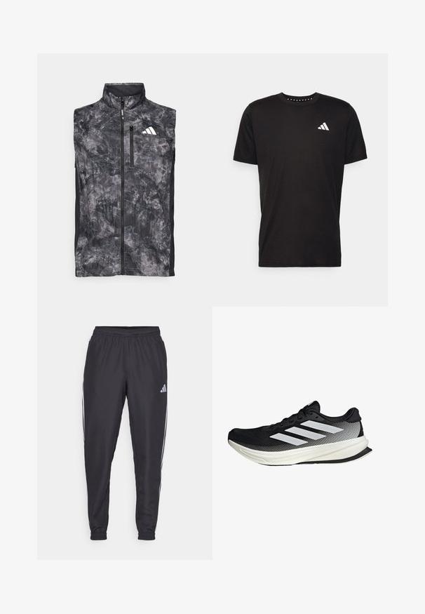 Ærmeløs sort og grå marmor løbevest med lynlås foran, brystlomme med lynlås og hvidt logo på den øverste venstre bryst.; Sort bomulds T-shirt med korte ærmer, rund hals og et hvidt logo på venstre bryst. Glat tekstur og enkelt design.; Svarte sportbukser med elastisk talje, med hvide striber langs siderne og et lille logo ved hoften. Glat tekstur.; Sort atletisk sko med mesh-design, der har hvide striber, en rund tå og en tekstureret sål for greb og støtte.