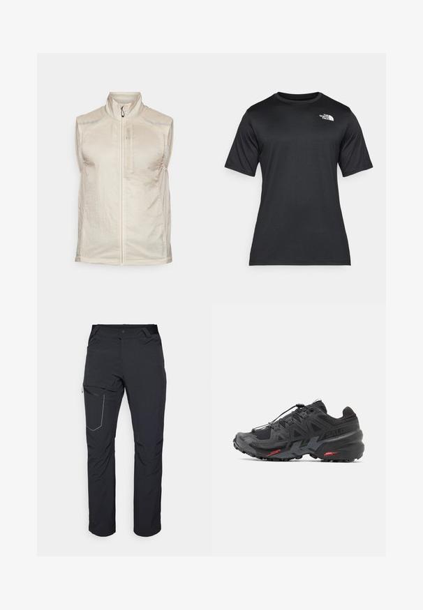 Bez piedurknēm, gaiši bēšs vests, izgatavots no teksturēta auduma. Tam ir priekšējais rāvējslēdzējs, augsta apkakle un atstarojoši akcenti plecu daļā.; Melnā īsās piedurknes T-kreklā, izgatavotā no viegla, mitrumu uzsūcoša auduma. Tam ir balts logo kreisajā krūtīs un apaļa kakla izgriezums.; Melni āra bikses ar rāvējslēdzēja sānu kabatu, elastīgu jostasvietu un gludu, ūdensizturīgu audumu. Tīra dizaina bez redzamām emblēmām.; Melni sporta apavi ar sintētisku augšdaļu, teksturētu dizainu un kontrastējošām sarkaniem akcentiem. Aprīkoti ar drošu šņorēšanas sistēmu un izturīgu zoli.