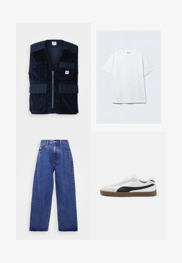 Mörkblå kordflbyen väst med dragkedja fram, fyra framfickor och en etikett. Har en slät axeldesign och en texturerad yta.; Vit kortärmad t-shirt i mjuk bomull. Har rund halsringning och avslappnad passform, med en slät yta och ren, odekorerad design.; Breda, blå denimjeans med hög midja, utrustade med fem fickor, knäppning med knapp och subtila blekningar för textur.; Vita lädersneakers med svarta mockadetaljer, rund tå, platt brun gummisula, och präglad guldsymbol på sidan. Snören och vadderad krage.
