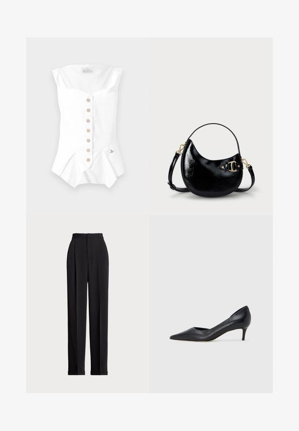 Valkoinen hihaton paita sydänleikkauksella, jossa on nappisuljenta vaaleanbeigeillä napeilla ja röyhelöhelma. Pieni brodeerattu yksityiskohta mukana.; Valkoinen pitkähihainen nappipaita, joka on valmistettu sileästä kankaasta. Paidassa on klassinen kaulus ja hienovarainen kiilto, pyöristetty helma sekä napitusyksityiskohdat.; Mustat räätälöidyt housut, joissa on korkea vyötärö, etupuolella laskokset, suora lahjeturmu ja käännetty helma. Valmistettu sileästä kankaasta.; Musta nahkainen avokärkinen korkokenkä, jossa on matala korko. Kenkä on sileäpintainen ja siinä on himmeä kiilto. Edessä on avoin leikkaus, joka lisää yksityiskohtaisuutta.; Musta patentoitu nahkalaukku, jossa on kaareva muoto, säädettävä olkahihna ja kultasävyinen koristeosa kyljessä. Tasainen, kiiltävä pinta.