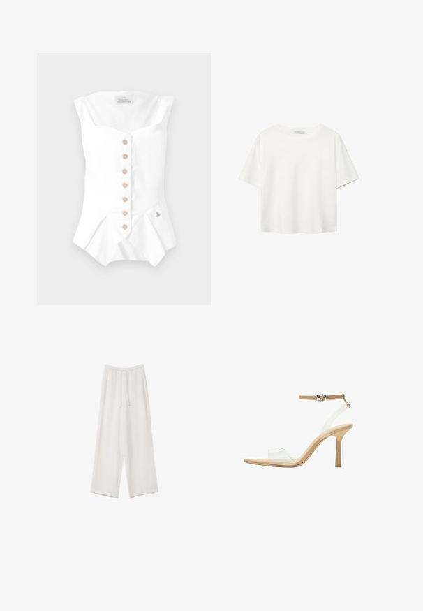 Bílý top bez rukávů s láskyplným výstřihem, který má zapínání na knoflíky s béžovými knoflíky a volánkový lem. Obsahuje malé vyšívané detaily.; Bílý krátký rukáv tričko vyrobené z bavlny. Má kulatý výstřih a volný střih. Hladký materiál bez viditelných vzorů nebo akcentů.; Bílé široké kalhoty vyrobené z lehké tkaniny. Mají elastický pas se šňůrkou a boční kapsy. Hladká textura.; Průhledná sandálová obuv s průhledným svrškem, béžovou stélkou a štíhlým páskem kolem kotníku. Má špičatou špičku a tenký vysoký podpatek.