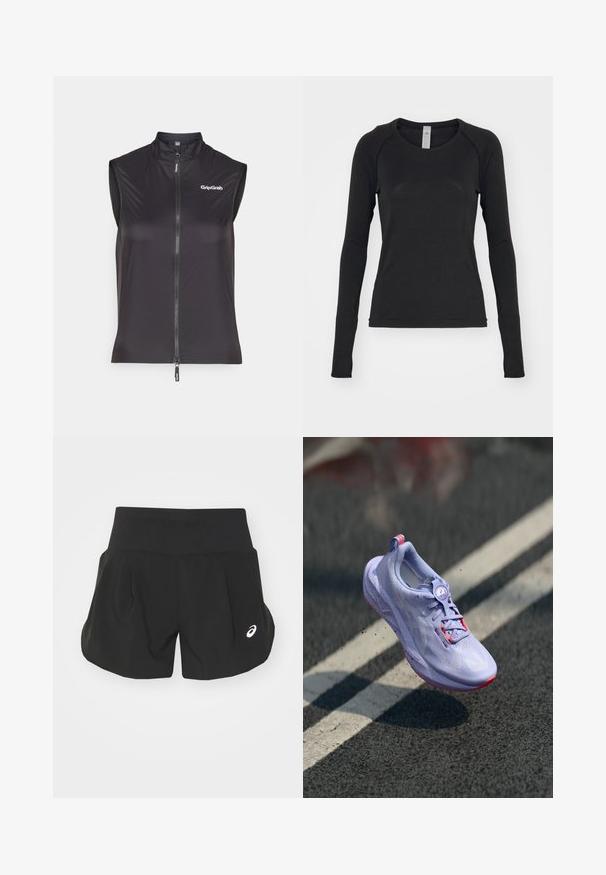 Černá cyklistická vesta bez rukávů vyrobená z lehkého a pružného materiálu. Obsahuje přední zip a logo GripGrab na hrudi.; Černá dlouhá rukávová košile vyrobená z měkké látky. Má kulatý výstřih a raglánové rukávy s otvory na palce na manžetách. Minimalistický design.; Černé sportovní šortky se širokým pasem, sklady a malým bílým logem na dolní levé straně. Měkký, lehký materiál.; Světle fialová běžecká bota s texturovaným svrškem, růžovými detaily, kulatým systémem šněrování a puntíkovanou podrážkou, umístěná nad pozadím z asfaltu.