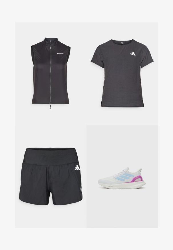 Čierna bezrukávová cyklistická vesta vyrobená z ľahkého, elastického materiálu. Obsahuje predný zips a logo GripGrab na hrudi.; Tričko s krátkym rukávom pre šport, tmavosivé s perforovanou textúrou. Obsahuje biele logo a kontrastné bočné pruhy. Okrúhly výstrih.; Čierne atletické šortky s širokým elastickým pásom, ľahkým materiálom a bielymi logami na dolnej strane.; adidas Performance PUREBOOST 5 - Cestná bežecká obuv - white/glow blue/purple burst