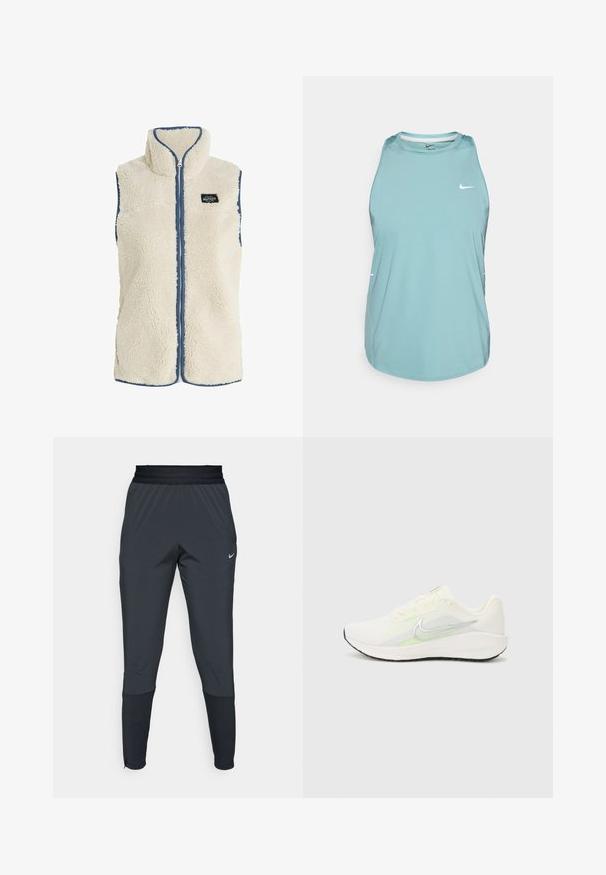 Protest PRTBODHI - Bodywarmer - kitoffwhite; Lichtblauw mouwloos sporttanktop gemaakt van glad, synthetisch materiaal. Heeft een ronde halslijn en een klein wit logo aan de voorkant.; Nike sportieve broek in donkergrijs, met een tapered leg ontwerp, elastische tailleband en accentdetails bij de boorden.; Nike Performance DOWNSHIFTER 13 - Hardloopschoenen voor op de weg - sail/silver-coloured photon dust/summit white/barely volt/black