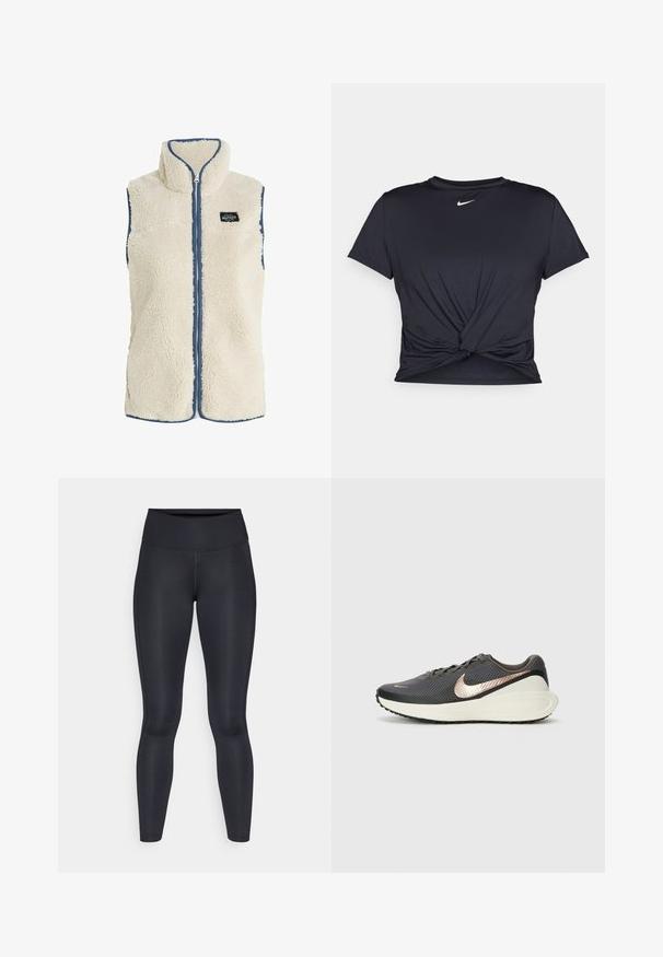 Protest PRTBODHI - Kamizelka; Czarna sportowa koszulka z gładkiego materiału, z wiązanym przodem i małym białym logo Nike na piersi.; Czarne legginsy wykonane z gładkiego, elastycznego materiału. Wysoki stan bez widocznych wzorów czy akcentów. Dobrze przylegają od pasa do kostek.; Czarne buty sportowe z teksturowaną siateczką, metaliczny różowy symbol Swoosh oraz biała, amortyzowana podeszwa. Gumowa podeszwa z bieżnikiem zapewniającym przyczepność.