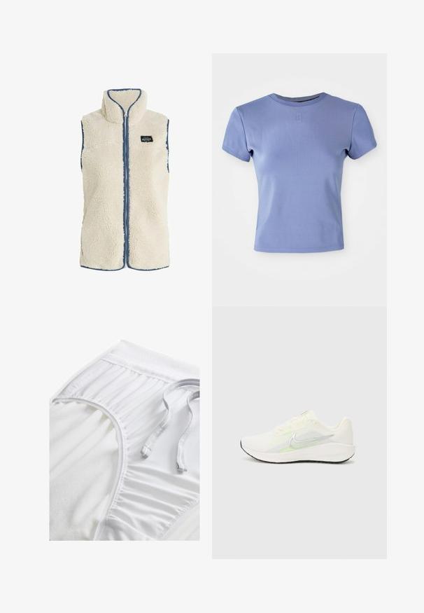 Protest PRTBODHI - Vesta - kitoffwhite; Světle fialové přiléhavé tričko vyrobené z vroubkované látky, s kulatým výstřihem a krátkými rukávy. Obsahuje malou logo aplikaci na hrudi.; Bílé sportovní šortky s texturovaným pasem, na bocích s nabíranými detaily a plochou šňůrkou. Měkká látka s hladkým povrchem.; Nike Performance DOWNSHIFTER 13 - Silniční běžecké boty - sail/silver-coloured photon dust/summit white/barely volt/black