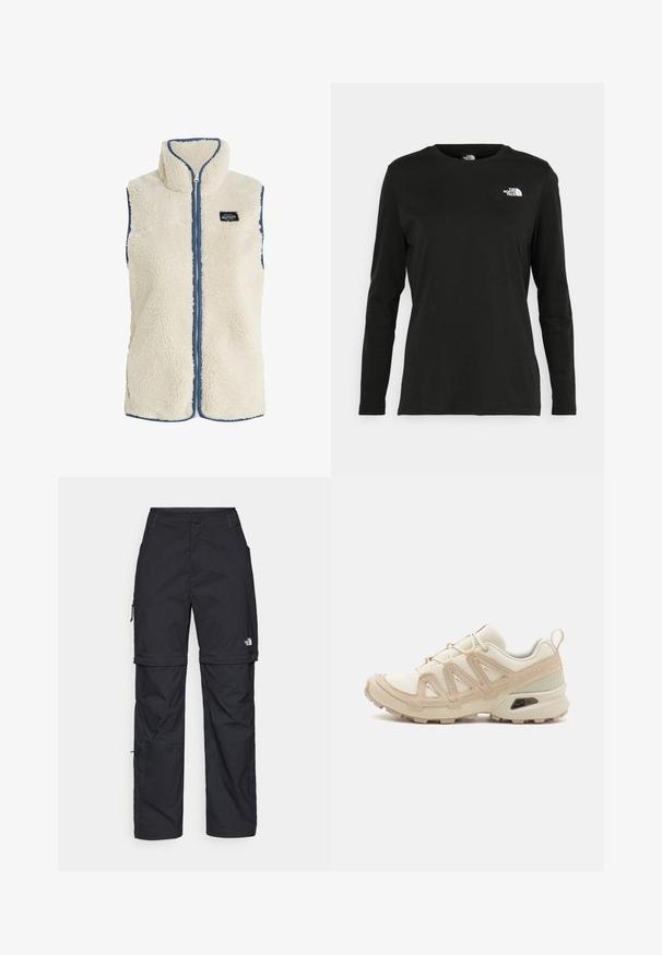 Protest PRTBODHI - Vesta - kitoffwhite; Čierne tričko s dlhým rukávom vyrobené z bavlny s okrúhlym výstrihom. Obsahuje malé biele logo na ľavej strane hrudníka. Jednoduchý dizajn a strih.; Čierne nylonové cargo nohavice s odnímateľnými nohavicami, nastaviteľnými manžetami, viacerými vreckami a logom na pravej nohe. Hladká, ľahká textúra.; Beige a krémová športová obuv s textúrovaným sieťovým zvrškom, podporujúcimi prekrytiami a gumovou podrážkou s dezénom pre trakciu.