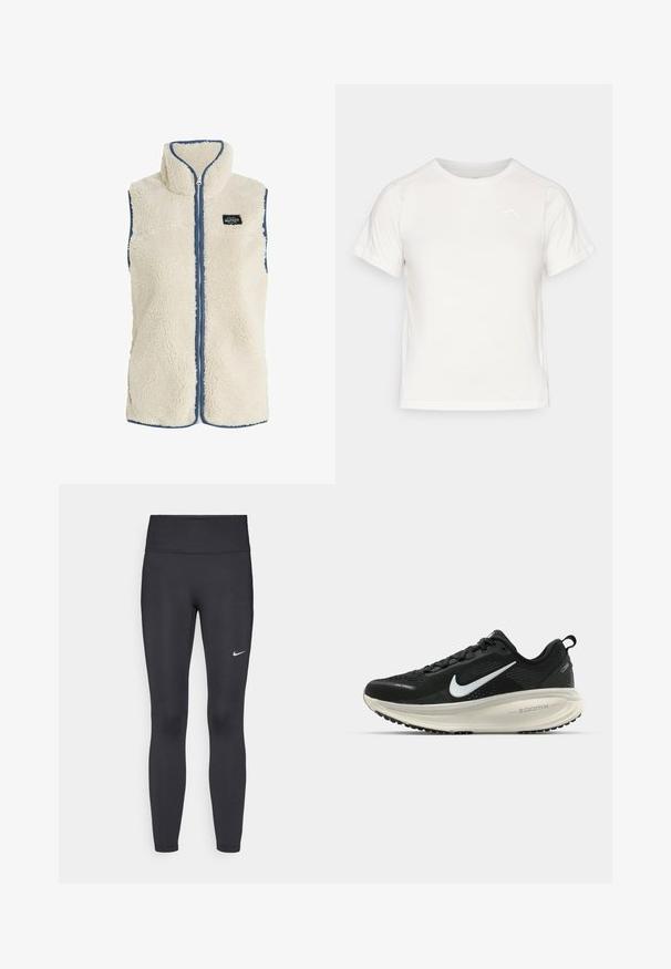 Protest PRTBODHI - Bodywarmer - kitoffwhite; Lichtgewicht wit T-shirt met korte mouwen, ronde hals en een klein logo in de linkerbovenhoek. Glad stof met een subtiele glans.; Zwarte legging van rekbare stof met een hoge tailleband en een wit Nike-logo op de linkerdij. Gladde textuur, aansluitend ontwerp.; Zwarte Nike hardloopschoen met ademend mesh bovenwerk, witte swoosh-logo, gestructureerde details en een crèmekleurige ZoomX middenzool.
