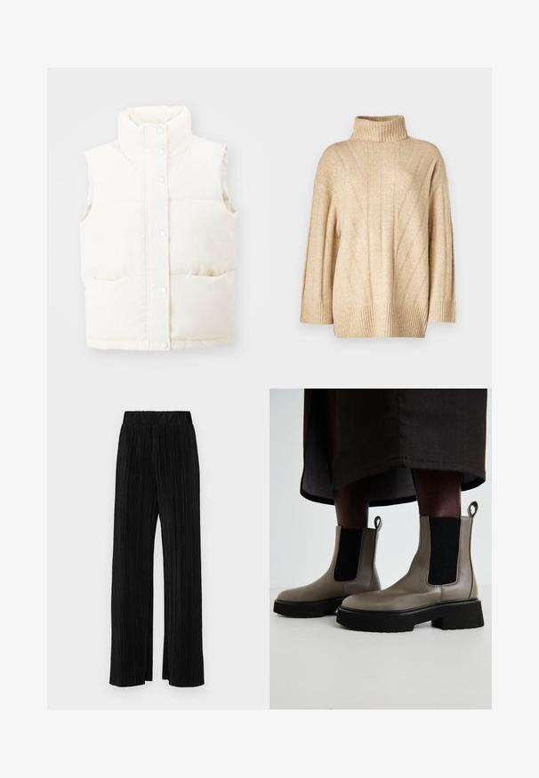 Bílá bezrukávová péřová vesta s vysokým límcem, předními patentkami a dvěma bočními kapsami; vyrobena z měkké, texturované látky.; Beige pletený svetr s vysokým vroubkovaným rolákem, širokými rukávy a texturovaným vzorem s vertikálními liniemi. Vroubkovaný lem na spodní straně.; Černé plisované kalhoty s elastickým pasem. Mají široké nohavice a hladkou, strukturovanou tkaninu s vertikálními pruhy.; Šedé kotníkové boty vyrobené z texturované kůže s elastickými bočními panely a masivní černou podrážkou. Obsahují poutka pro snadné obouvání.
