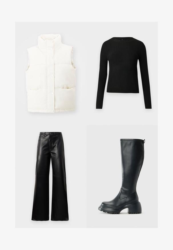 Biała, bezrękawnikowa kamizelka puchowa z wysokim kołnierzem, zapięciem na napy z przodu i dwoma bocznymi kieszeniami; wykonana z miękkiego, teksturowanego materiału.; Czarny, prążkowany, dopasowany sweter z długim rękawem i okrągłym dekoltem, wyeksponowany na jednolitym jasnym tle.; Czarne, wysokie na talii, szerokie spodnie z sztucznej skóry z guzikami z przodu, zapięciem na zamek, szlufkami na pasek i bocznymi kieszeniami na białym tle.; Wysokie czarne skórzane botki z masywną platformą i słupkowym obcasem, z uchwytem i teksturowanym bieżnikiem na podeszwie.