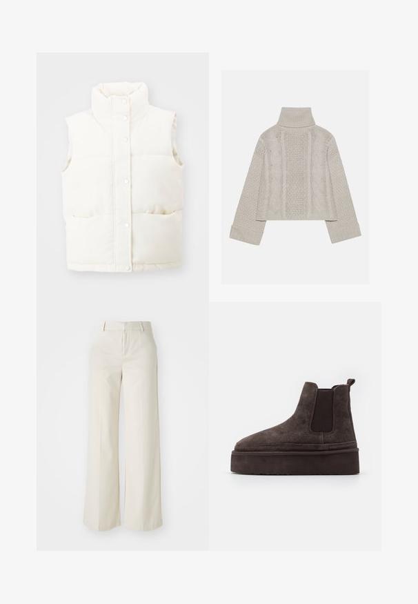 White, sleeveless puffer vest with a high collar, snap button front, and two side pockets; made from soft, textured fabric.; Cropped, light gray knit sweater with a high collar and ribbed cuffs, featuring textured cable patterns down the back and sides.; Wide-leg trousers in a light beige color, made of a smooth fabric. Features a classic waistband and flat front with clean lines.; Brown suede Chelsea boots with elastic side panels and a thick, textured platform sole. Features a pull tab at the heel for ease of wear.