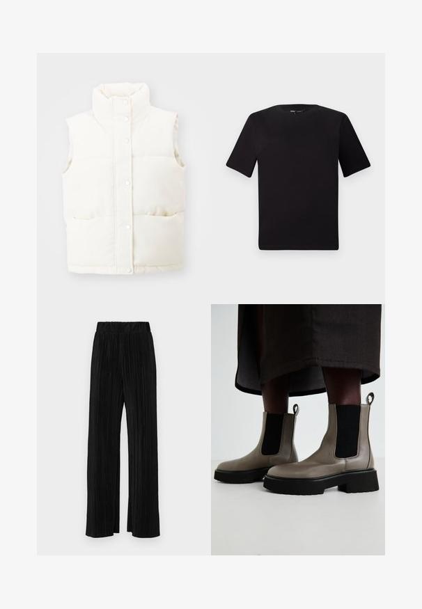 Witte, mouwloze gewatteerde vest met een hoge kraag, drukknoopsluiting aan de voorkant en twee zijzakken; gemaakt van zachte, gestructureerde stof.; Zwarte T-shirt met korte mouwen en een ronde hals, gemaakt van zachte katoenstof. Eenvoudig ontwerp, geen zichtbare logo's of patronen.; Zwarte geplooide broek met een elastische tailleband. Beschikt over wijde pijpen en een glad, gestructureerd stof met verticale strepen.; Grijze enkelbotten van gestructureerd leer met elastische zijpanelen en een stevige zwarte zool. Voorzien van trekpanelen voor gemakkelijk aan- en uittrekken.