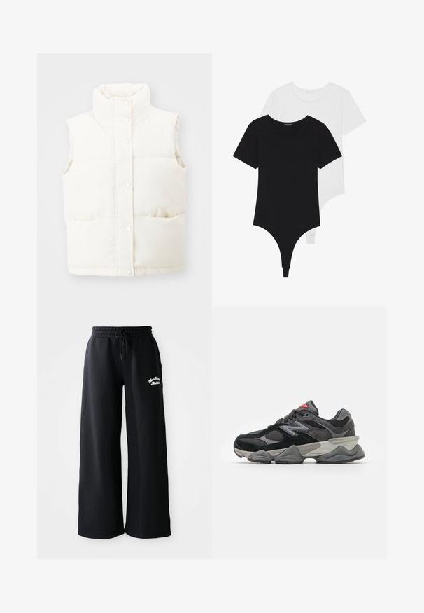 Balta bezpiedurkņu pūkaina veste ar augstu apkakli, snap pogu priekšpusē un divām sānu kabatām; izgatavota no mīkstas, teksturētas auduma.; Melnbalti īsām piedurknēm bodiji ar apaļu kakla izgriezumu un tanga apakšdaļu, izgatavoti no gludas, elastīgas auduma.; Melni plati svārki ar auklu jostu. Iekļauj izšūtus tekstus kreisajā pusē, izgatavoti no mīksta kokvilnas maisījuma.; Melna un pelēka sporta apavi ar suede un sieta materiālu kombināciju, bieza zole, izteikts logs un sarkana akcents uz mēles.