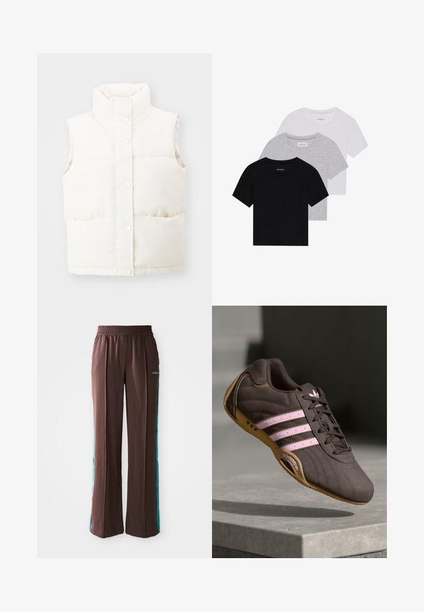 Gilet imbottito bianco senza maniche con colletto alto, chiusura a bottoni a pressione sul davanti e due tasche laterali; realizzato in tessuto morbido e testurizzato.; Set di tre t-shirt a maniche corte in nero, grigio e bianco. Realizzate in cotone, presentano un collo a giro e un design semplice in un colore solido.; Pantaloni sportivi marroni con texture a coste, vita elastica e strisce laterali turchesi. Presentano il logo adidas sul davanti.; Scarpa atletica in suede marrone con strisce e logo rosa, dotata di una tomaia testurizzata, chiusura con lacci e suola in gomma color miele.