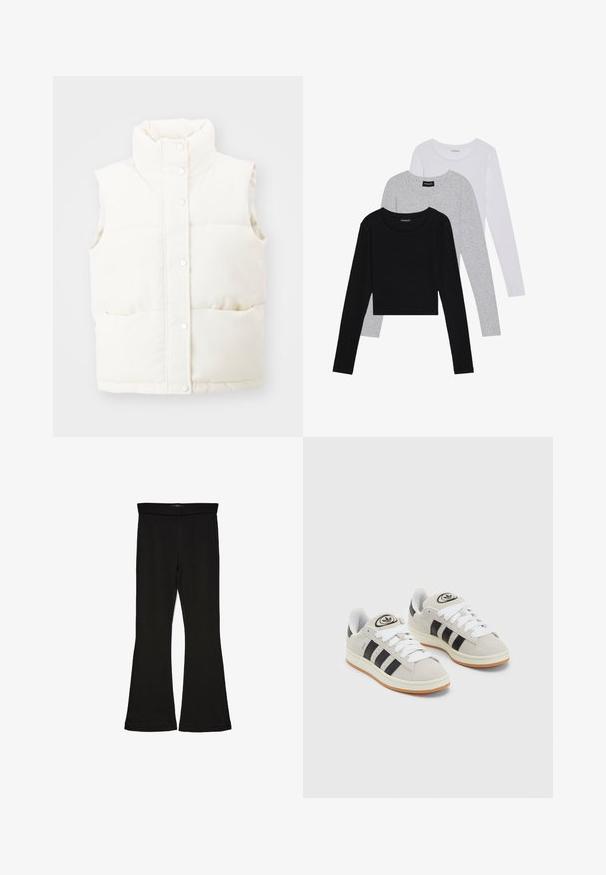 Witte, mouwloze gewatteerde vest met een hoge kraag, drukknoopsluiting aan de voorkant en twee zijzakken; gemaakt van zachte, gestructureerde stof.; Drie langmouwige tops gestapeld: zwart, grijs en wit. Elke top heeft een ronde halslijn en een cropped ontwerp van soepel, lichtgewicht materiaal.; Zwarte flare leggings gemaakt van rekbaar materiaal. Beschikt over een brede tailleband en een zachte textuur, met een getailleerd silhouet dat uitloopt bij de zoom.; Grijze nubucklederen sneakers met witte veters, zwarte strepen en een witte rubberen zool. Bevat een rond logo op de tong en een gumzool.