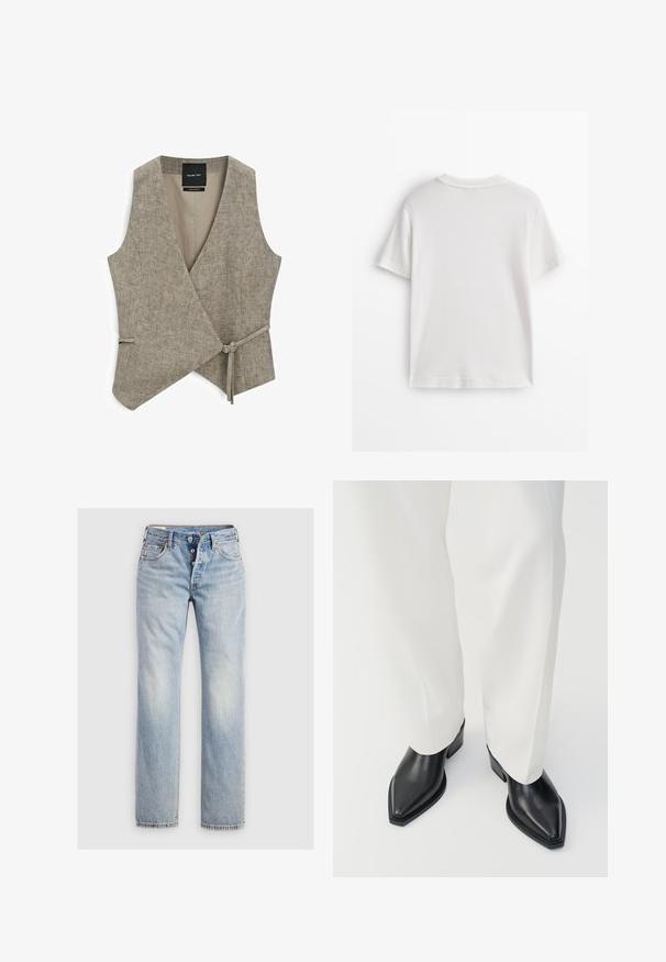 Massimo Dutti SHORT DOUBLE-BREASTED - Bodywarmer - beige; Wit katoenen T-shirt met korte mouwen, een ronde hals en een gladde textuur. De achterkant is effen zonder extra patronen of ontwerpen.; Lichtblauwe denim jeans met een recht gesneden ontwerp, een vijfknopen gulp en achterzakken met subtiele stikdetails.; Zwarte puntige enkellaarzen met een gladde leren afwerking, lage blokhakken, gecombineerd met witte wijde broekspijpen. Eenvoudig en modern design.