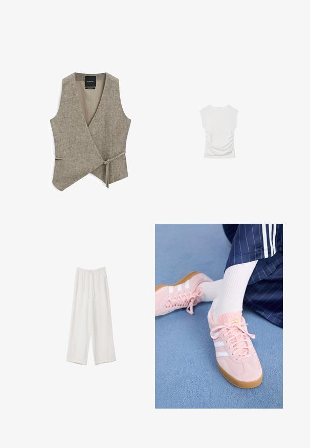 Massimo Dutti - Kamizelka; Biała bluzka z krótkim rękawem i okrągłym dekoltem. Posiada marszczoną teksturę po bokach oraz dopasowany krój, wykonana z miękkiego, elastycznego materiału.; Białe spodnie o szerokich nogawkach wykonane z lekkiego materiału. Posiadają elastyczny pas z sznurkiem i boczne kieszenie. Gładka tekstura.; Jasnoróżowe zamszowe sneakersy z białymi paskami i sznurówkami, z teksturowanym językiem i gumową podeszwą, umieszczone na niebieskim dywaniku.