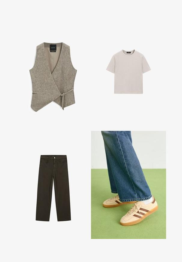 Massimo Dutti SHORT DOUBLE-BREASTED - Waistcoat - beige; Light grey cotton t-shirt with short sleeves, a crew neckline, and a relaxed fit. Features minimal stitching and no visible patterns or accents.; Dark green wide-leg jeans made of cotton blend, featuring a front button closure, five pockets, and classic denim stitching.; Beige sneakers with textured cream panels and brown stripes, paired with blue denim jeans. The jeans have a wide leg and frayed hem.