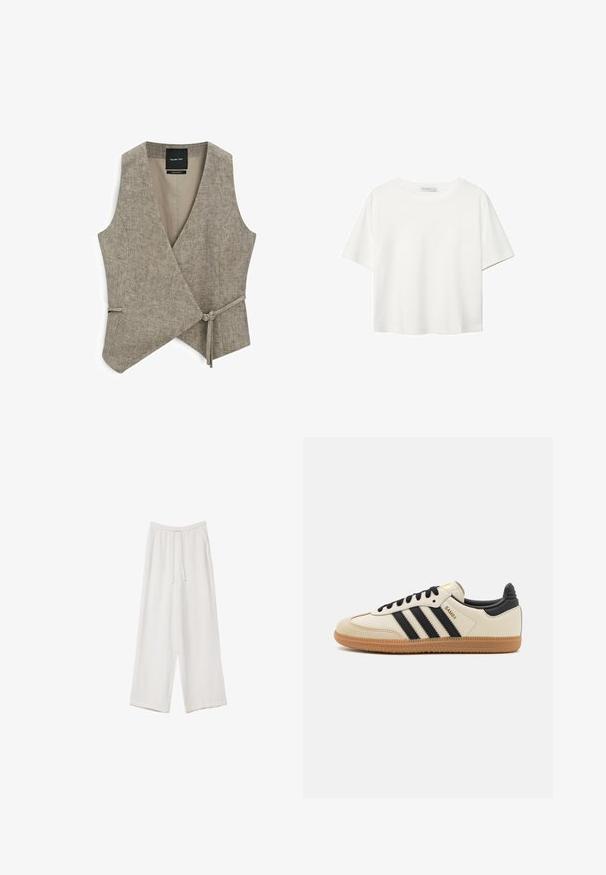 Massimo Dutti SHORT DOUBLE-BREASTED - Weste - beige; Weißes T-Shirt mit kurzen Ärmeln aus Baumwolle. Hat einen Rundhalsausschnitt und eine lockere Passform. Glatte Textur ohne sichtbare Muster oder Akzente.; Weiße weit geschnittene Hose aus leichtem Stoff. Mit einem elastischen Bund und Kordelzug sowie Seitentaschen. Glatte Textur.; Beige Sport Schuh mit schwarzen Streifen, Gummisohle und schwarzen Akzenten. Verfügt über ein Obermaterial aus glattem Leder und ein rundes Zehendesign.