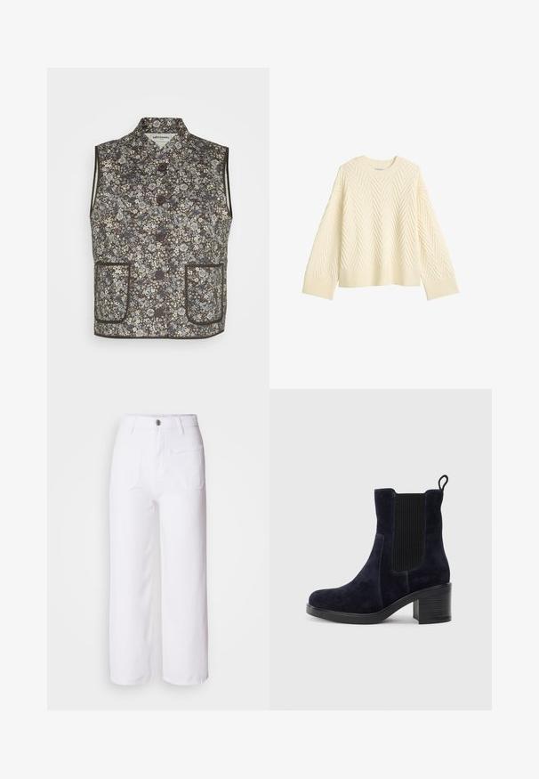 Blomster vest i mørkebrun stoff med blå og krem mønstre. Har stående krage, knappelukking og to frontlommer.; Kremfarget strikket genser med en teksturert fiskebensmønster, rund halslinning og ribbestrikkede mansjetter og kant.; Hvite denim wide-leg bukser med knappelukking, beltestropper, to frontlommer og en baklomme. Holdbart og teksturert stoff.; Mørkeblå skinn ankelsko med elastisk sidepanel, avrundet tå og blokkhelt. Tekstilt stoff og glatt såle gir kontrast.