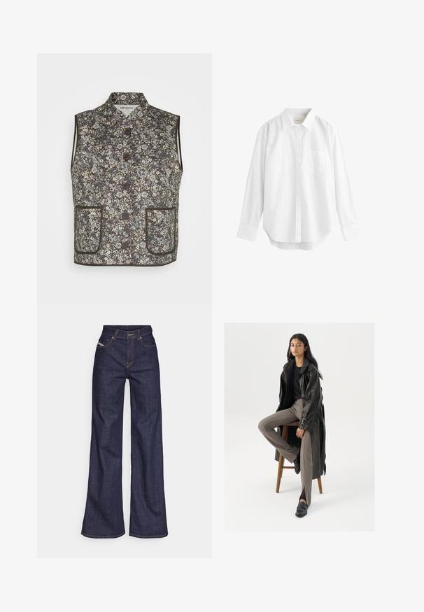 Tamsiai ruda gėlėta liemenė su mėlynomis ir grietinėlės spalvos raštais. Yra aukštas apykaklė, mygtukų uždarymas ir dvi priekinės kišenės.; Balta ilga rankovė marškiniai, pagaminti iš medvilnės, su mygtukų apykakle, priekinėmis kišenėmis ir išlenktu apvadu. Lygi tekstūra ir klasikinis dizainas.; Tamsiai mėlynos plačios kojų džinsinės kelnės iš denimo audinio su aukštu liemeniu, su oranžinėmis siūlėmis, penkių kišenių dizainu ir sagčių užsegimu.; Juodas odinis ilgas paltas su mygtukais ir diržo detalėmis, derinamas su šviesiai rudomis prigludusiomis kelnėmis ir juodais loaferiais, sėdintis ant medinės taburetės.