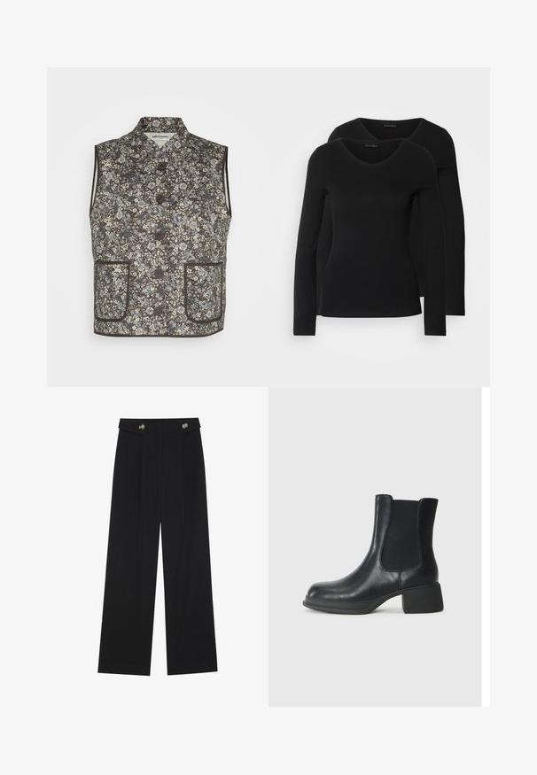 Tumši brūna ziedu veste ar zilo un krēmkrāsas rakstu. Iekļauj stāvošo apkakli, pogu aizdari un divas priekšējās kabatas.; Divi melni krekli ar garām piedurknēm un V-veida kakla izgriezumu, izgatavoti no mīksta, elastīga auduma, ar gludu tekstūru un pieguļošu formas.; Melnas platās bikses ar augstu jostasvietu, pogu detaļām uz jostas un priekšējām krokām.; Melnas ādas potīšu zābaki ar elastīgām sānu daļām, noapaļota purngala forma un zems blokveida papēdis. Virsma ir gluda un ar minimālu detalizāciju.