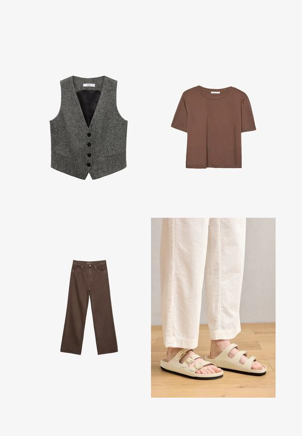 Graham Wolle Weste mit V-Ausschnitt, sechs schwarzen Knöpfen, zwei seitlichen Taschen und einem glatten schwarzen Futter. Strukturierter Stoff mit einem subtilen Muster.; Braunes, kurzärmliges T-Shirt aus weichem Material mit rundem Halsausschnitt und lockerer Passform. Keine sichtbaren Muster oder Akzente.; Weite braune Jeans aus Denim, mit hoher Taille, Fronttaschen und klassischem Knopfverschluss. Glatte Textur mit feinen Nähten.; Hellbeige Sandalen mit drei verstellbaren Riemen und metallischen Schnallen, einem gepolsterten Fußbett und einer schwarzen Gummisohle.