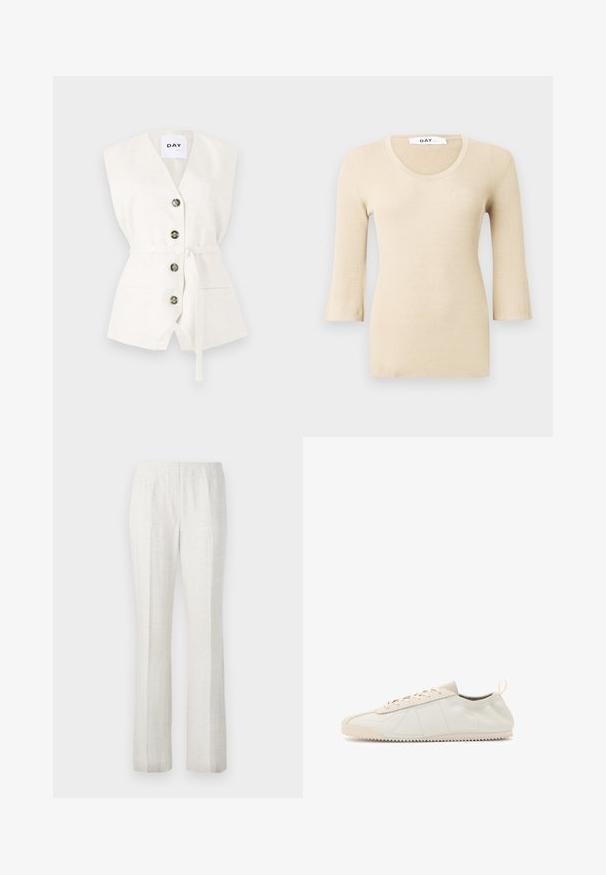 Witte mouwloze top met een diepe V-hals, vier knopen, een tailleband en twee voorzakken. Gestructureerde stof met een subtiele patroon-detaillering.; Beige geribbelde langetermijn top met een ronde hals. De textuur is glad en aansluitend. Flared mouwen voegen een subtiel ontwerpelement toe.; Witte blouse met lange mouwen, een ronde halslijn en striksluiting. Bevat een getextureerde afwerking langs de voorkant en manchetten. Soepele stofafwerking.; Lichtgekleurde, rechte broek met een gladde textuur, voorzien van pijpplooien aan de voorkant en een strakke tailleband.; Crème leren sneaker met een ronde neus, vetersluiting, textuuraccenten en een rubberen zool met textuur en een zigzag profiel voor grip.