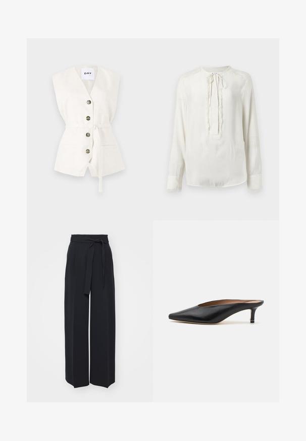 Witte mouwloze top met een diepe V-hals, vier knopen, een tailleband en twee voorzakken. Gestructureerde stof met een subtiele patroon-detaillering.; Witte blouse met lange mouwen, een ronde halslijn en striksluiting. Bevat een getextureerde afwerking langs de voorkant en manchetten. Soepele stofafwerking.; Zwarte wijde broek van zachte stof. Voorzien van een ceintuur en plooien aan de voorkant. Glad textuur met een strakke, hedendaagse stijl.; Zwarte leren muiltjes met een puntige neus en een lage, blokhak. Glad oppervlak met een gestroomlijnd ontwerp. Open achterkant met minimale details.