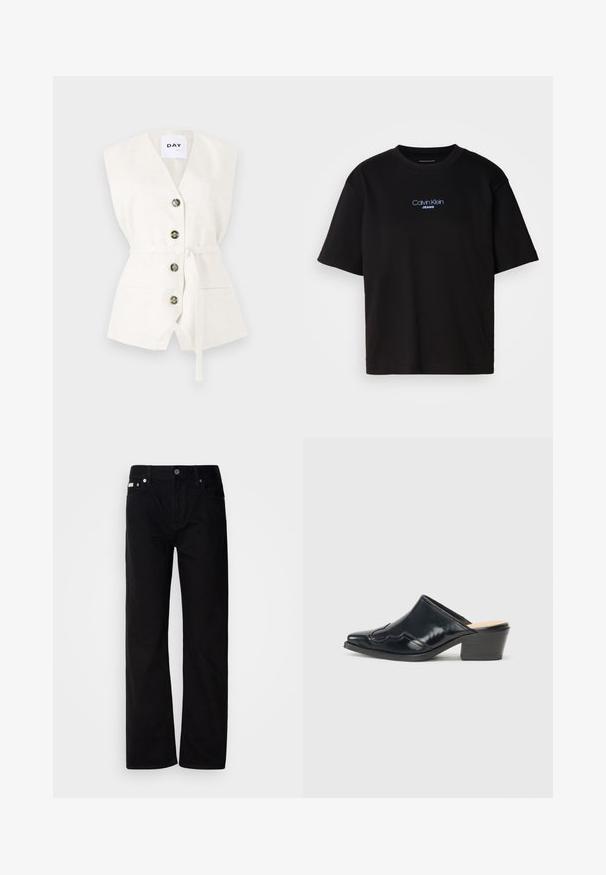 Gilet sans manches blanc avec un décolleté en V profond, quatre boutons, une ceinture à la taille et deux poches avant. Tissu texturé avec un détail de motif subtil.; T-shirt en coton noir avec un col rond, des manches courtes et un logo brodé bleu "Calvin Klein JEANS" sur le devant.; Pantalons en denim noir à jambes droites avec cinq poches, rivets en argent et braguette à bouton. Le tissu a une finition lisse et légèrement texturée.; Mules en cuir verni noir avec un bout pointu, un design courbé et un petit talon bloc, ornés de piqûres décoratives sur le dessus.