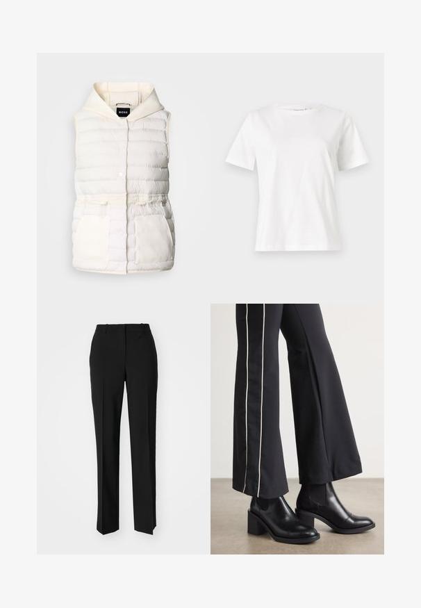 Gepolsterte weiße Weste mit Kapuze, ausgestattet mit Druckknöpfen, Kordelzug in der Taille und zwei Vordertaschen mit weicher Textur. Markenlabel: BOSS.; Weißes Baumwoll-T-Shirt mit kurzen Ärmeln, Rundhalsausschnitt und lockerer Passform. Glatte Textur, keine Muster oder Akzente, minimalistisches Design.; Schwarze, taillierte Hose mit geradem Bein, aus einem glatten Stoff und mit klaren Falten an der Vorderseite. Keine sichtbare Hardware.; Schwarze Lederstiefeletten mit einem Blockabsatz, ausgestattet mit elastischen seitlichen Einsätzen. Kombiniert mit schwarzen Hosen, die einen weißen Seitenstreifen haben.