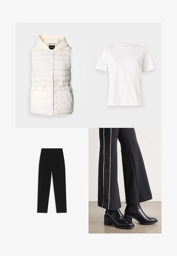 Padded white vest with a hood, featuring snap buttons, drawstring waist, and two front pockets with a soft texture. Brand label: BOSS.; White cotton t-shirt with short sleeves, round neckline, and a relaxed fit. Smooth texture, no patterns or accents, minimalistic design.; Black trousers with a straight fit, featuring double pleats, a smooth texture, and a classic waistband design. No visible hardware or accents.; Black leather ankle boots with a block heel, featuring elastic side panels. Paired with black pants that have a white side stripe.