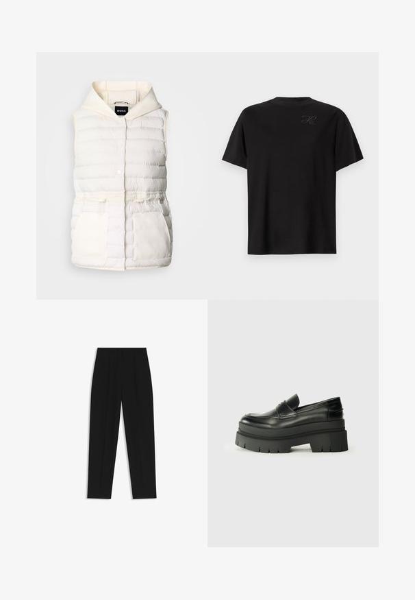 Gilet bianco imbottito con cappuccio, dotato di bottoni a pressione, vita con cordoncino e due tasche laterali, con una consistenza morbida. Etichetta del marchio: BOSS.; T-shirt di cotone nero, design a girocollo, maniche corte, con un piccolo logo tonale sulla parte superiore sinistra. Texture liscia.; Pantaloni neri a taglio dritto, con doppie pieghe, una texture liscia e un design classico in vita. Nessun hardware o dettaglio visibile.; Mocassini neri in pelle con suola piatta spessa. Punta arrotondata, dettaglio della cucitura frontale e accenti di cucitura sottili. Suola piatta e testurizzata.