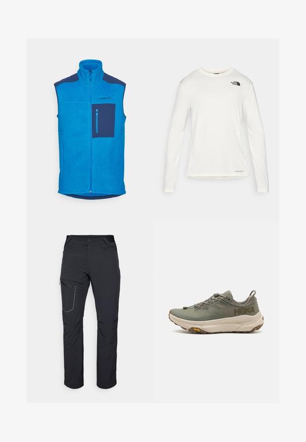 Mėlynas fliso liemenė su aukštu apykakle, užtrauktuku priekyje, kairėje krūtinės pusėje kišenė tamsiai mėlynos spalvos, tekstūruota medžiaga ir kontrastingos detalės.; Balta ilga rankove marškiniai su apvalia iškirpte, tekstūruota medžiaga, juodas logotipas kairėje petyje ir subtilus prekės ženklas apačioje.; Juodos lauko kelnės su užtrauktuku šlaunies kišenėje, elastinga juosmeniu ir lygiu, vandens nepraleidžiančiu audiniu. Tinkama dizaino forma be matomų logotipų.; Žalios Hoka bėgimo sportbačiai su Gore-Tex viršutine dalimi, tekstūriniais akcentais, elastingomis raištelėmis ir storu smėlio spalvos padu su Vibram logotipu.