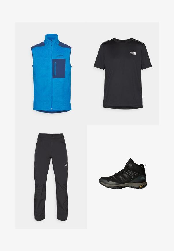 Blå fleece vest med høy krage, glidelås foran, venstre brystlomme i marineblått, strukturert stoff og kontrastpaneler.; Svart kortermet T-skjorte laget av lett materiale. Har en liten hvit logo på venstre bryst og subtile skulderdetaljer.; Sorte utendørsbukser med glidelås på frontlommen, syntetisk materiale, smalnende ben og forsterkede knepaneler. Har knappelukking.; Sorte tursko med netting og syntetiske overlegg, teksturert midtsåle, Vibram yttersåle, og grå detaljer. Høy design for anklestøtte.