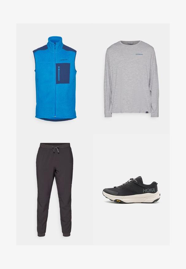 Mėlynas fliso liemenė su aukštu apykakle, užtrauktuku priekyje, kairėje krūtinės pusėje kišenė tamsiai mėlynos spalvos, tekstūruota medžiaga ir kontrastingos detalės.; Šviesiai pilka ilgomis rankovėmis marškinėliai, pagaminti iš minkštos, tekstūruotos medžiagos. Yra apvalus kaklas ir mažas mėlynas "Patagonia" logotipas krūtinėje.; Juodos sportinės kelnės su raišteliu juosmenyje, elastingais rankogaliais, lygiu audiniu ir patogiu šoniniu kišenėle.; Juodos sportinės bateliai su tekstūruota viršutine dalimi, pilkų akcentų, atspindinčiomis detalėmis ir storu baltu padu su Vibram prekės ženklu.