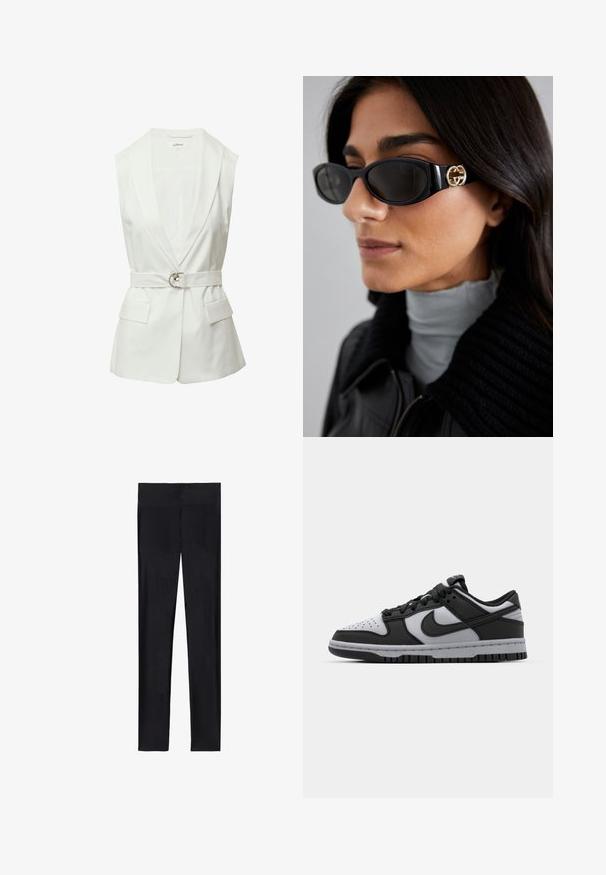 Witte mouwloze blazer met een sjaalkraag, een getailleerde taille met een zilveren ringriem en twee voorzakken. Glad stoftextuur.; Witte button-up shirt met een puntige kraag, lange mouwen en een klein blauw logo op de linkerborst. Gemaakt van katoen.; Zwarte leggings van rekbaar stof; met een gladde textuur, volledige lengte en een elastische tailleband zonder zichtbare naden.; Zwarte en grijze Nike Dunk lage sneakers met geperforeerde neus, gladde leren accenten en rubberen zool met een gestructureerd profiel.; Zwarte zonnebril met een stijlvolle rechthoekige montuur en een gouden logo-accent aan de zijkant. Donkere lenzen en een glanzende afwerking zijn opvallend.; Grijze handtas met textuur, voorzien van een gevoerde handgreep, gaasaccenten, verstelbare schouderband en een sluiting aan de voorkant. Compact ontwerp met een ronde vorm.
