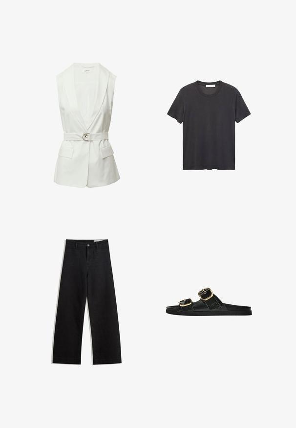 Biała bezrękawnik z kołnierzem typu szal, taliowany, z paskiem zakończonym srebrnym pierścieniem oraz dwiema przednimi kieszeniami naszytymi. Gładka faktura materiału.; Czarna koszulka bawełniana z okrągłym dekoltem. Krótkie rękawy, luźny krój i prosty dół bez ozdób czy wzorów.; Czarne dżinsowe spodnie o szerokich nogawkach i wysokim stanie, z przednimi i tylnymi kieszeniami, przeszyciami oraz zapięciem na guziki. Gładka struktura.; Czarne klapki z dwoma złotymi klamrami, gładki materiał, płaska podeszwa i minimalistyczny design.
