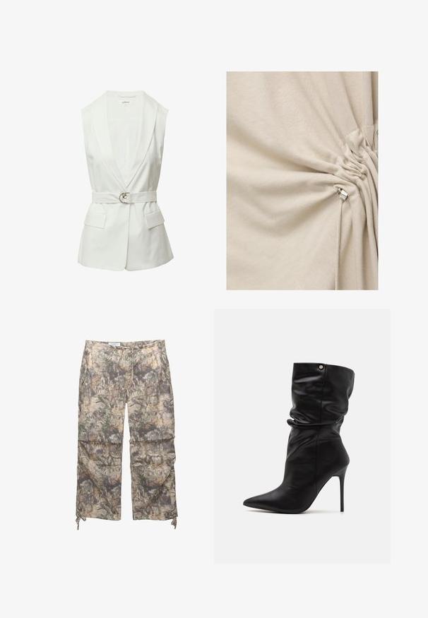Weißer ärmelloser Blazer mit Schalkragen, taillierter Taille mit einem Gürtel aus silbernem Ring und zwei aufgesetzten Taschen vorne. Glatte Textur des Materials.; Cremfarbene Stoff, der mit einem silbernen Metall-Kordelstopper an einem Kordelzugdetail gerafft und zusammengezogen ist.; Tarnmuster-Hosen aus einem leichten Stoff, mit elastischem Bund, seitlichen Taschen und verstellbaren Kordelzügen an den Knöcheln.; Even&Odd Wide Fit High Heel Stiefelette - black