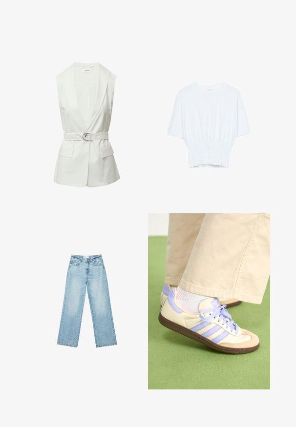 Weißer ärmelloser Blazer mit Schalkragen, taillierter Taille mit einem Gürtel aus silbernem Ring und zwei aufgesetzten Taschen vorne. Glatte Textur des Materials.; Weißes T-Shirt mit kurzen Ärmeln, lockerer Passform und gerafftem Stoff an der Taille. Aus weichem, leichtem Material gefertigt.; Helle blaue Denim-Jeans mit weitem Bein und hoher Taille, im lässigen Look mit einem ausgewaschenen Finish und kleinen, verstreuten Used-Effekten.; Cremefarbene und lavendelfarbene Sneakers mit drei Streifen und einer strukturierten braunen Sohle, ausgestattet mit Schnürsenkeln und einer gepolsterten Ferse. Obermaterial aus weichem Stoff.