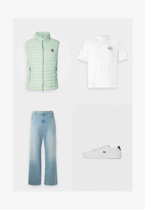 Lett mintgrønn, ermeløs isolert vest med horisontal quiltet mønster, frontglidelås og to sidelommer. Merkevarelogo på brystet.; Hvit bomull t-skjorte med kort erme, rund hals, med en svart CK-logo på venstre brystområde, standard passform, glatt tekstur.; Lys blå vide jeans laget av denim. Har høy midje, framlommer og en ren søm. Myk tekstur med en falmet finish.; Hvit lær sneakers med rund tå, snøring foran og svart hælakkent. Har en liten brodert krokodillelogo på siden.