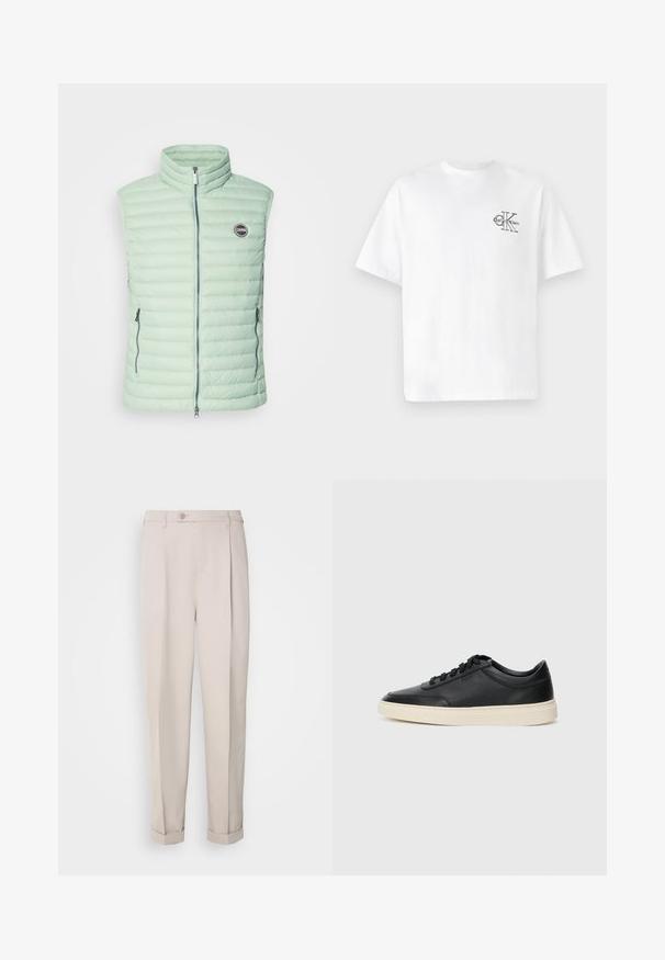 Colete acolchoado, sem mangas, de cor verde menta claro, com padrão acolchoado horizontal, fecho de correr na frente e dois bolsos laterais. Logótipo da marca no peito.; T-shirt de algodão branco com mangas curtas, gola redonda, apresentando um logo CK preto na área do peito esquerdo, ajuste padrão, textura suave.; Calças bege feitas de tecido suave, com um corte reto, pregas simples e bainhas dobradas. Inclui um fecho de botão na frente.; Sapatilha preta de cano baixo em pele com atacadores pretos e sola off-white, apresentada em perfil lateral sobre fundo branco.