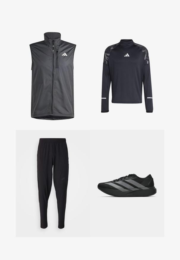 Černá bezrukávová vesta vyrobená z lehkého materiálu. Obsahuje přední zip, vysoký límec a malé logo na levé horní straně. Hladká textura.; Černé dlouhé rukávy sportovní tričko s texturovaným povrchem, vysokým límcem, reflexními detaily a bílým logem na hrudi a rukávech.; Černé sportovní kalhoty s elastickým páskem, zúženým střihem, bočními kapsami a nenápadným logem. Vyrobeno z pružné, prodyšné látky.; Černé sportovní boty s lehkou konstrukcí, se třemi výraznými šedými pruhy, hladkým povrchem a tvarovanou podrážkou.