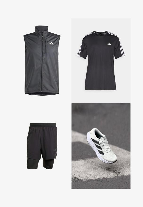 Crna bezrukavna jakna izrađena od lagane tkanine. Ima prednji zatvarač, visoki ovratnik i mali logo na gornjoj lijevoj strani. Glatka tekstura.; Crna majica kratkih rukava s bijelim trostrukim dizajnom na ramenima i logotipom na prsima. Izrađena od prozračnog materijala, glatke teksture.; Crne atletske šortse s integriranim unutarnjim slojem, izrađene od prozračnog materijala. Sadrže suptilan logo i strukturiranu teksturu. Podesivi pojas.; Bjela atletska cipela s mrežastim gornjim dijelom s teksturom, crnim prugama, vezanjem na vezice i podstavljenim potplatom, lebdi iznad označene ceste.