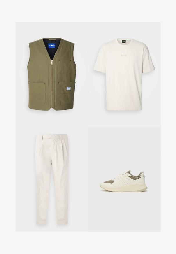 Olivovo-zelená bezrukávová vesta so zipsom vpredu, dvoma veľkými prednými vreckami a malou nálepkou v pravom dolnom rohu. Textúrovaná látka s čistým dizajnom.; BOSS TEE - Základné tričko - open white; Biele plisované nohavice s prispôsobeným strihom, s hladkou textúrou, pútkami na opasok a zúženými nohavicami. Žiadne viditeľné vrecká ani vzory.; Biele a svetlo béžové športové tenisky s hornou časťou z mriežkového materiálu, perforovanými detailmi a textúrovanou medzipodrážkou s logom na päte.